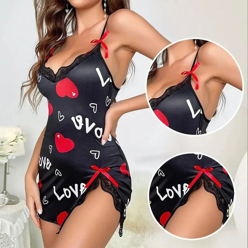 Lace Edge V-Neck Sling Side Split Sleepwear Women's Printed Love Letter Black Home Sling Dress Pajamas - Slobuy