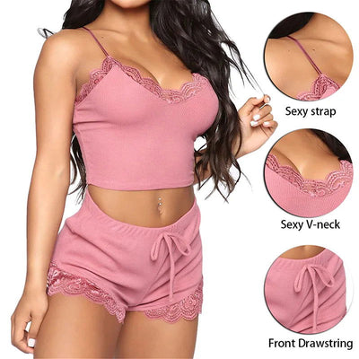 Lace Pajama Sets for Women Soft Comfortable V-Neck Sleepwears Sexy Female Nightgown Set Sleeveless Night Wear Satin Nightdress - Slobuy
