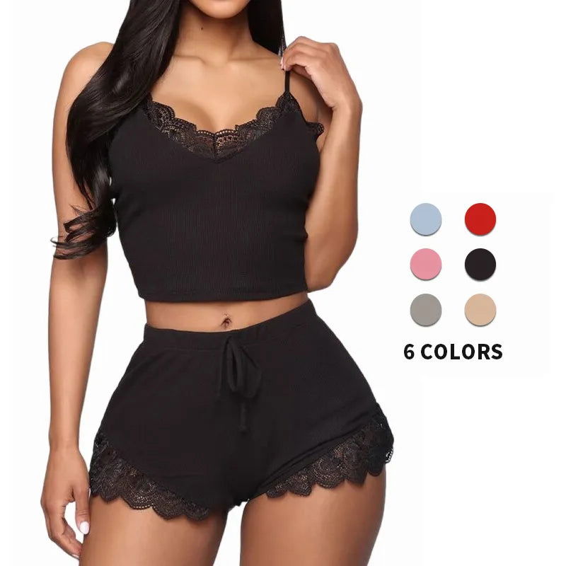 Lace Pajama Sets for Women Soft Comfortable V-Neck Sleepwears Sexy Female Nightgown Set Sleeveless Night Wear Satin Nightdress - Slobuy