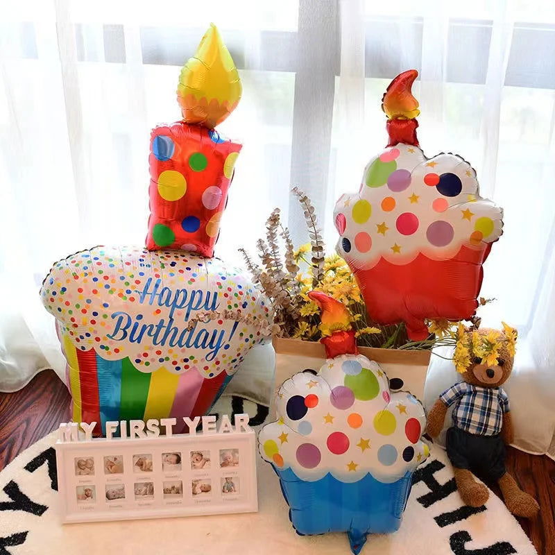 Large Birthday Three Layer Cake Candle Stripe Polka Dot Foil Balloons Birthday Party photo Props Scene Decoration - Slobuy