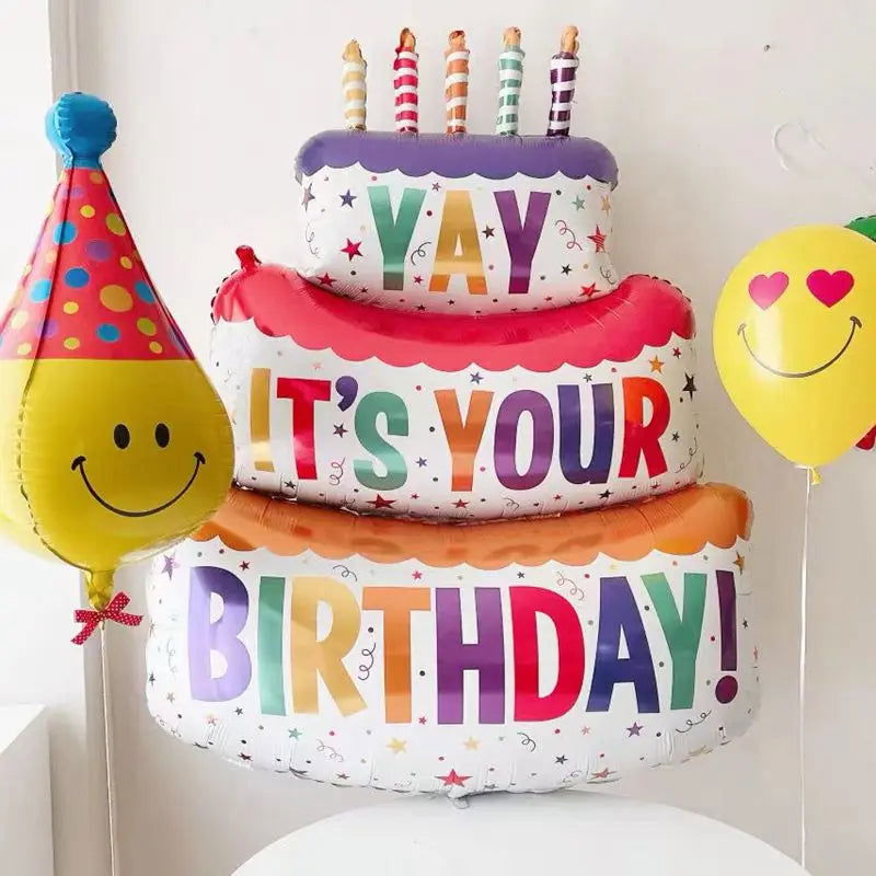 Large Birthday Three Layer Cake Candle Stripe Polka Dot Foil Balloons Birthday Party photo Props Scene Decoration - Slobuy
