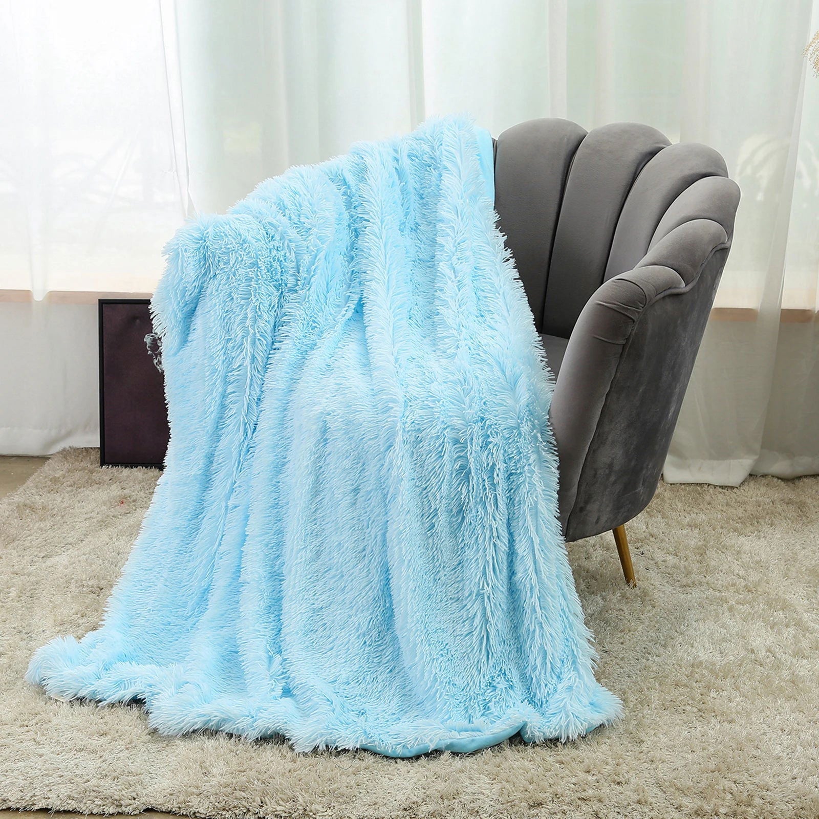 Large Flannel Throw Blanket Long Shaggy Plush Blanket for Couch Sofa Bed Winter Warm Soft Fluffy Faux Fur Bedspread 14 Colors - Slobuy
