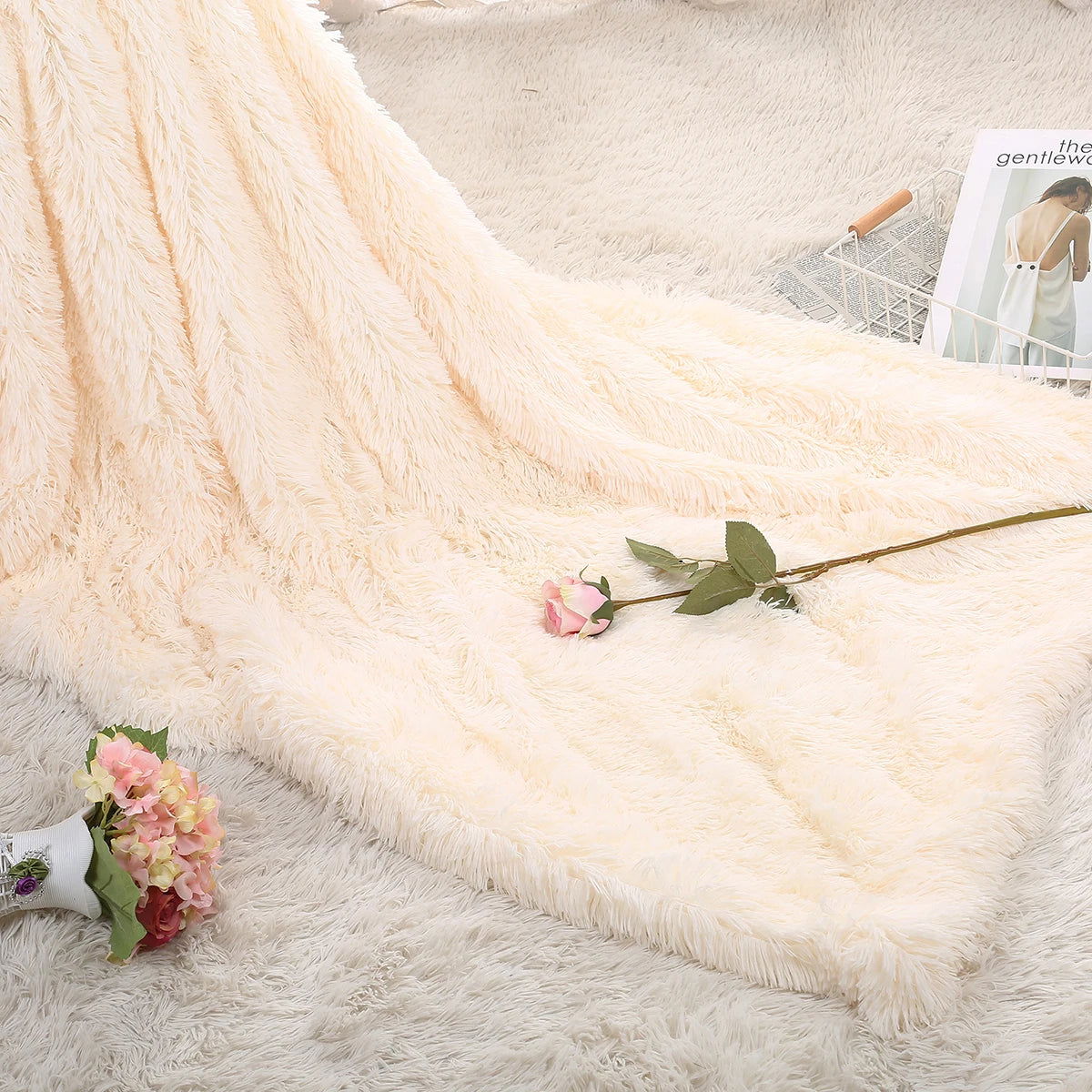 Large Flannel Throw Blanket Long Shaggy Plush Blanket for Couch Sofa Bed Winter Warm Soft Fluffy Faux Fur Bedspread 14 Colors - Slobuy
