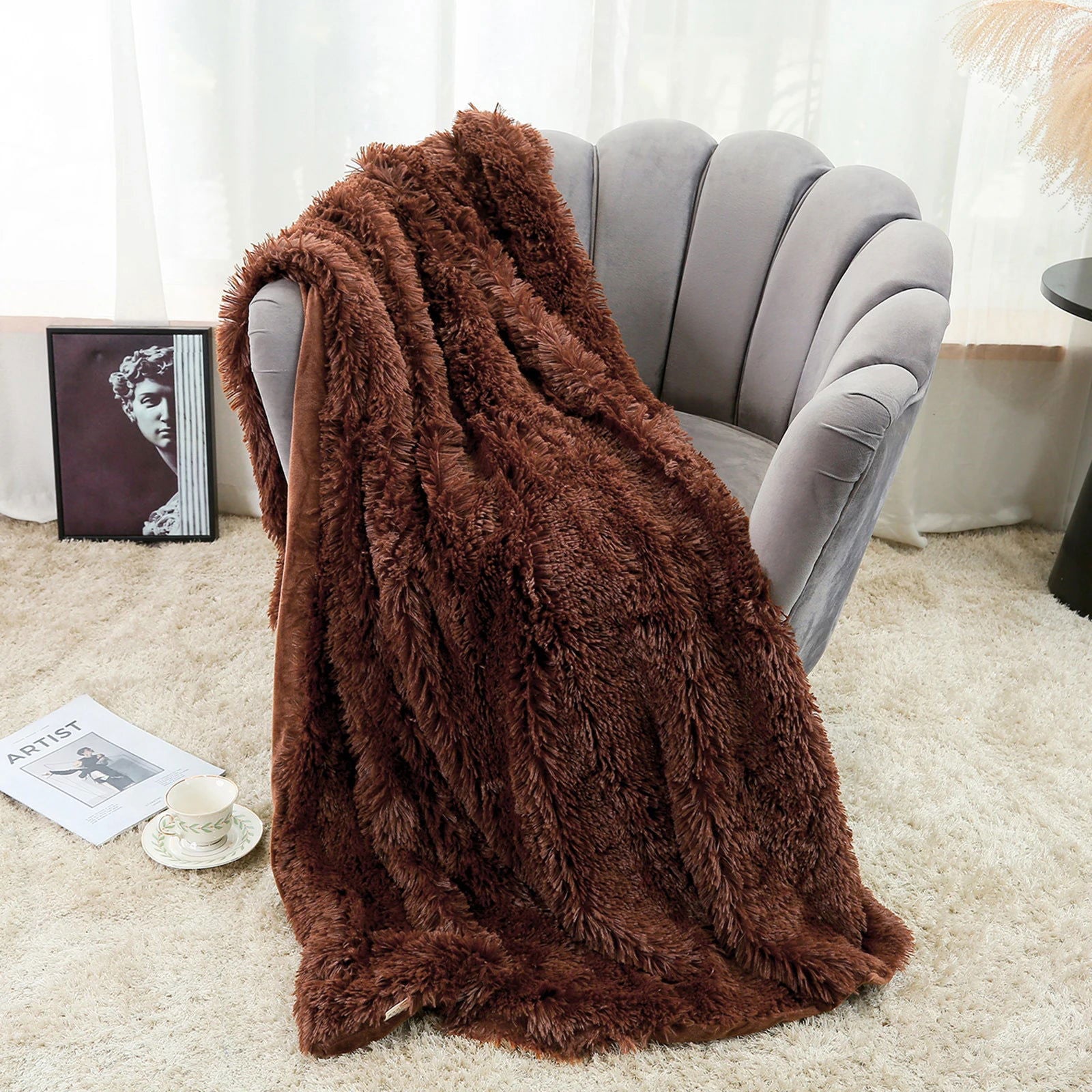 Large Flannel Throw Blanket Long Shaggy Plush Blanket for Couch Sofa Bed Winter Warm Soft Fluffy Faux Fur Bedspread 14 Colors - Slobuy