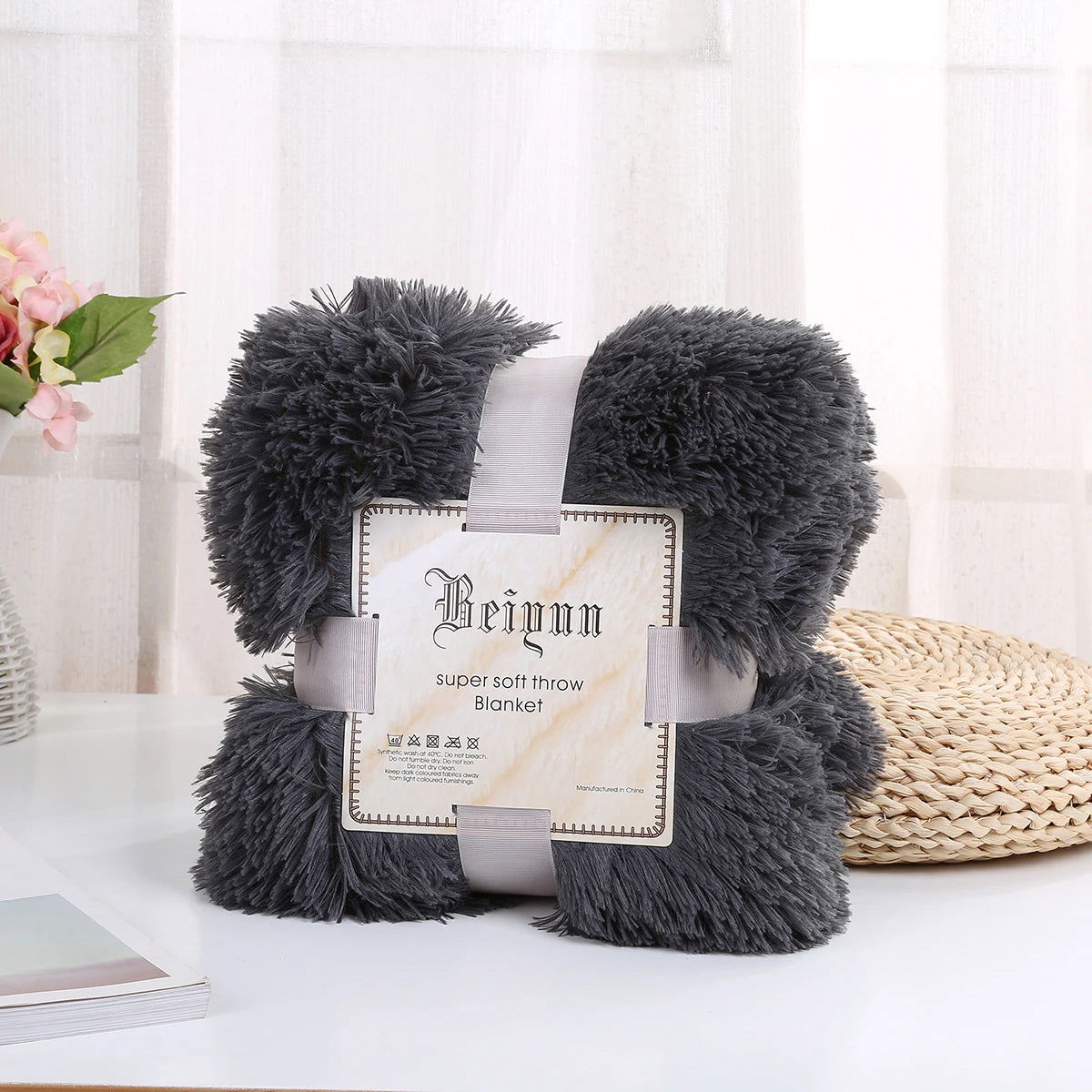 Large Flannel Throw Blanket Long Shaggy Plush Blanket for Couch Sofa Bed Winter Warm Soft Fluffy Faux Fur Bedspread 14 Colors - Slobuy