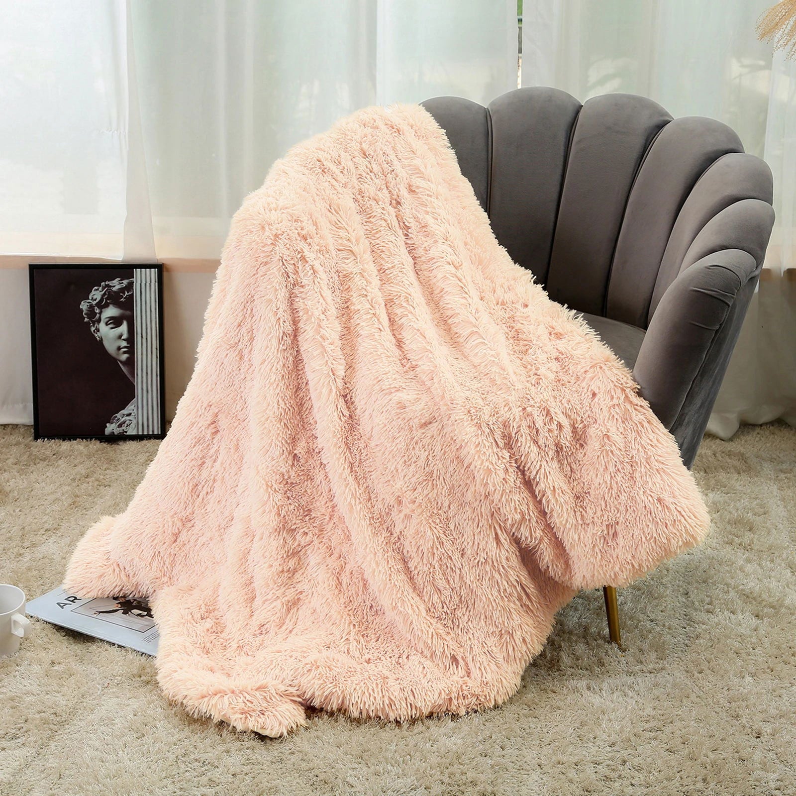 Large Flannel Throw Blanket Long Shaggy Plush Blanket for Couch Sofa Bed Winter Warm Soft Fluffy Faux Fur Bedspread 14 Colors - Slobuy