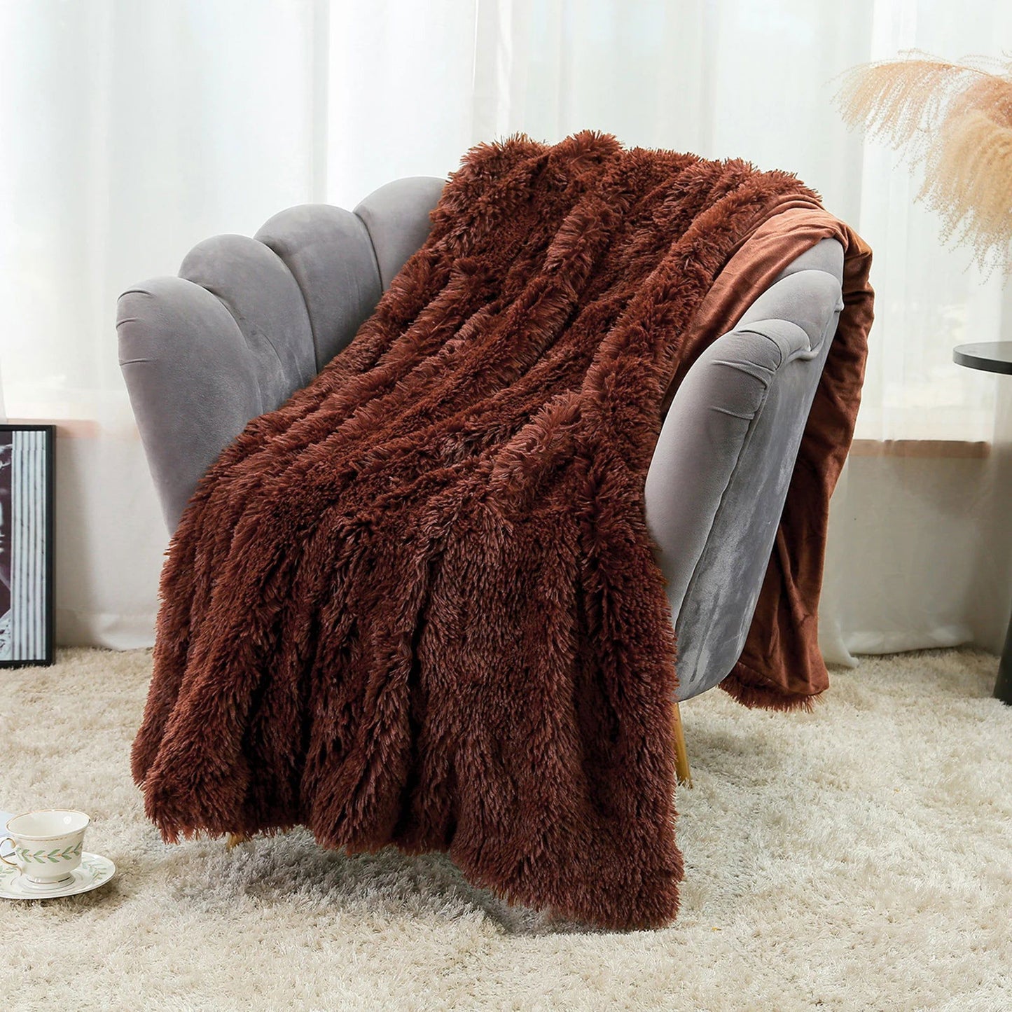 Large Flannel Throw Blanket Long Shaggy Plush Blanket for Couch Sofa Bed Winter Warm Soft Fluffy Faux Fur Bedspread 14 Colors - Slobuy