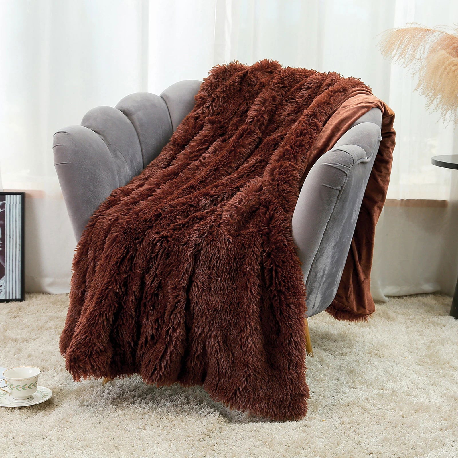 Large Flannel Throw Blanket Long Shaggy Plush Blanket for Couch Sofa Bed Winter Warm Soft Fluffy Faux Fur Bedspread 14 Colors - Slobuy