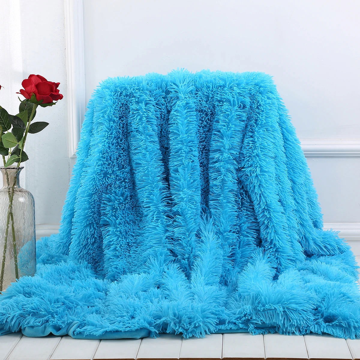 Large Flannel Throw Blanket Long Shaggy Plush Blanket for Couch Sofa Bed Winter Warm Soft Fluffy Faux Fur Bedspread 14 Colors - Slobuy