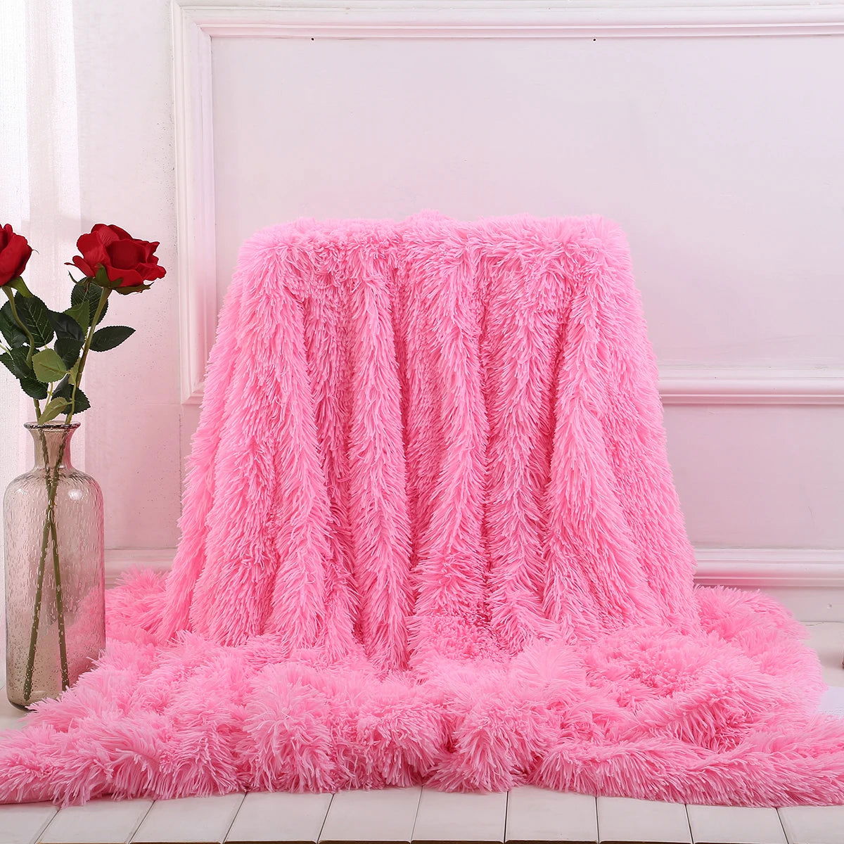 Large Flannel Throw Blanket Long Shaggy Plush Blanket for Couch Sofa Bed Winter Warm Soft Fluffy Faux Fur Bedspread 14 Colors - Slobuy