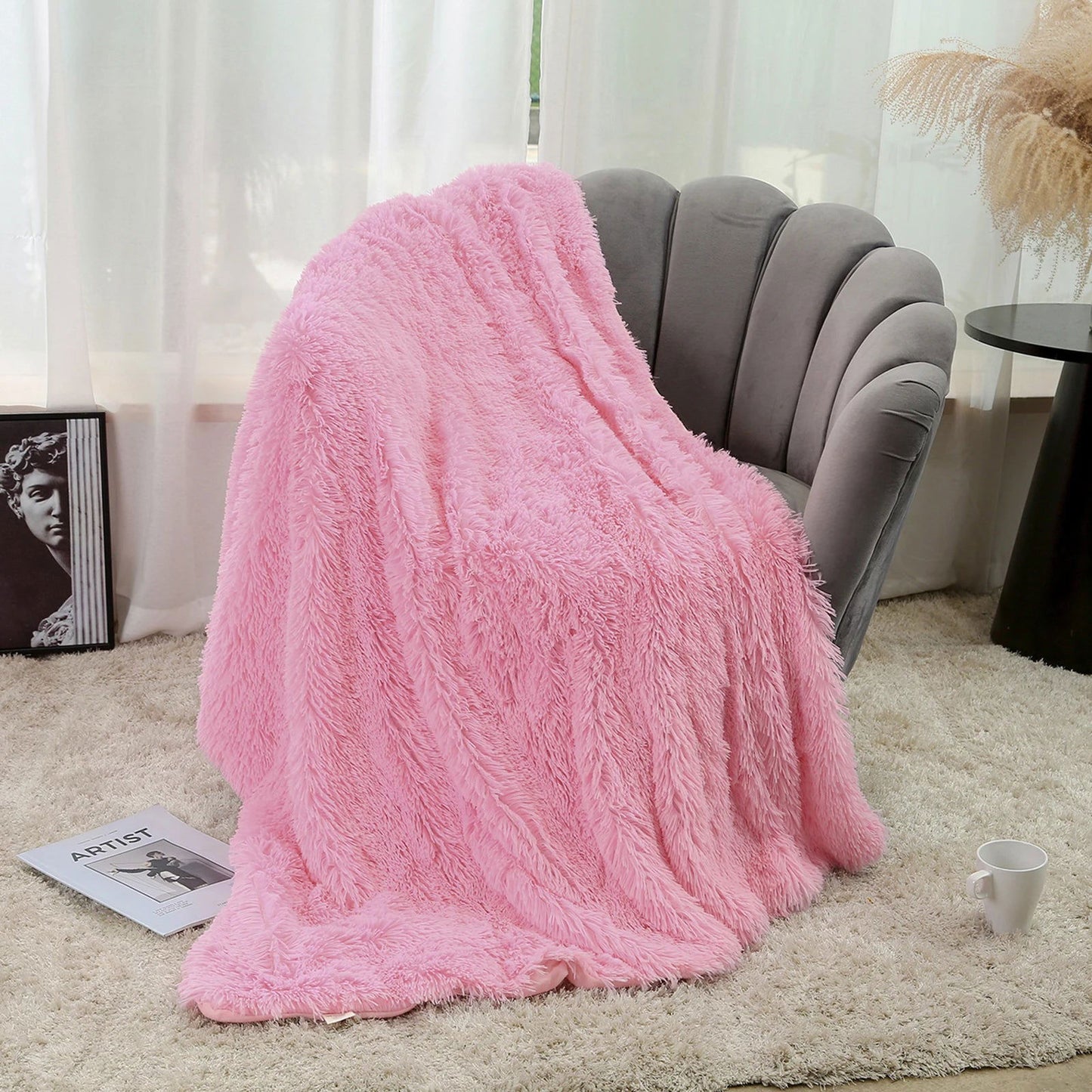Large Flannel Throw Blanket Long Shaggy Plush Blanket for Couch Sofa Bed Winter Warm Soft Fluffy Faux Fur Bedspread 14 Colors - Slobuy