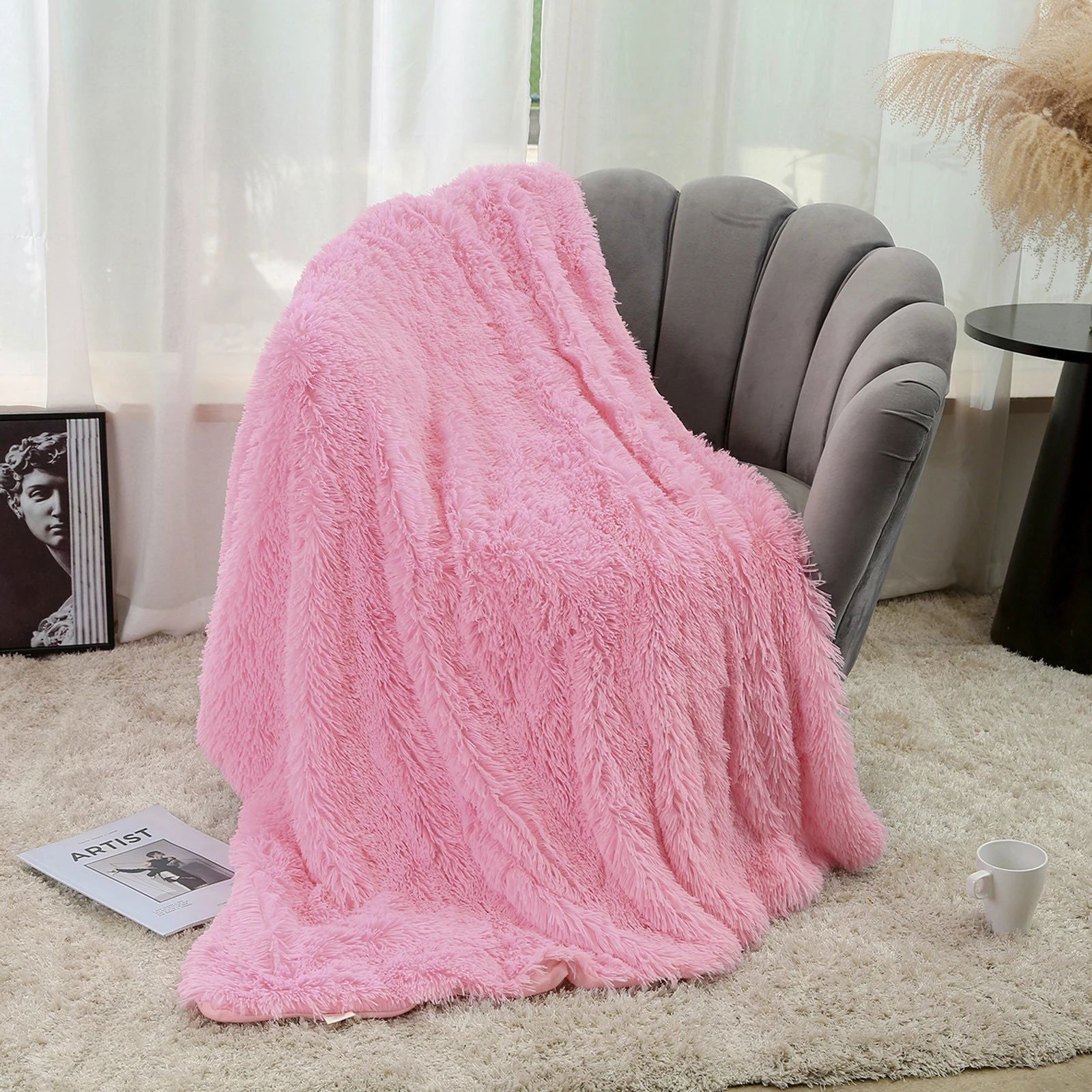Large Flannel Throw Blanket Long Shaggy Plush Blanket for Couch Sofa Bed Winter Warm Soft Fluffy Faux Fur Bedspread 14 Colors - Slobuy