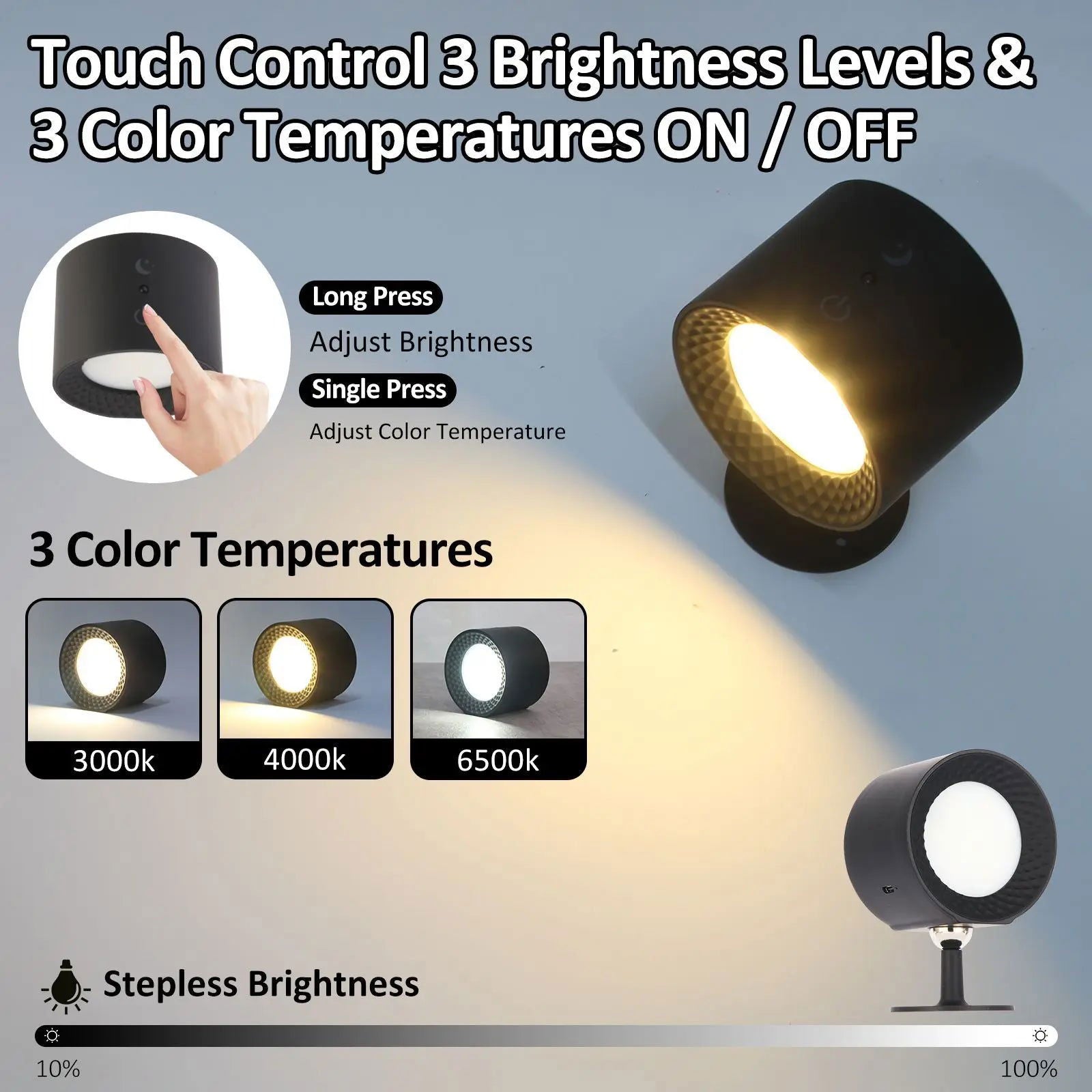Led Wall Lamp Touch Control IR Remote 360 Rotatable USB Recharge Wireless Portable Night Light For Bedside Bedroom Reading Lamp - Slobuy