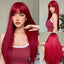 Light Wine Red Synthetic Wigs With Bangs for Women Long Straight Hair Wig Natural Cosplay Party Heat Resistant - Slobuy