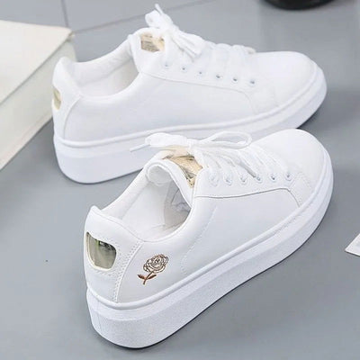 Little White Shoes for Women 2023 Autumn Rose Embroidery Thick Soled Leather Casual Student Board Shoes - Slobuy