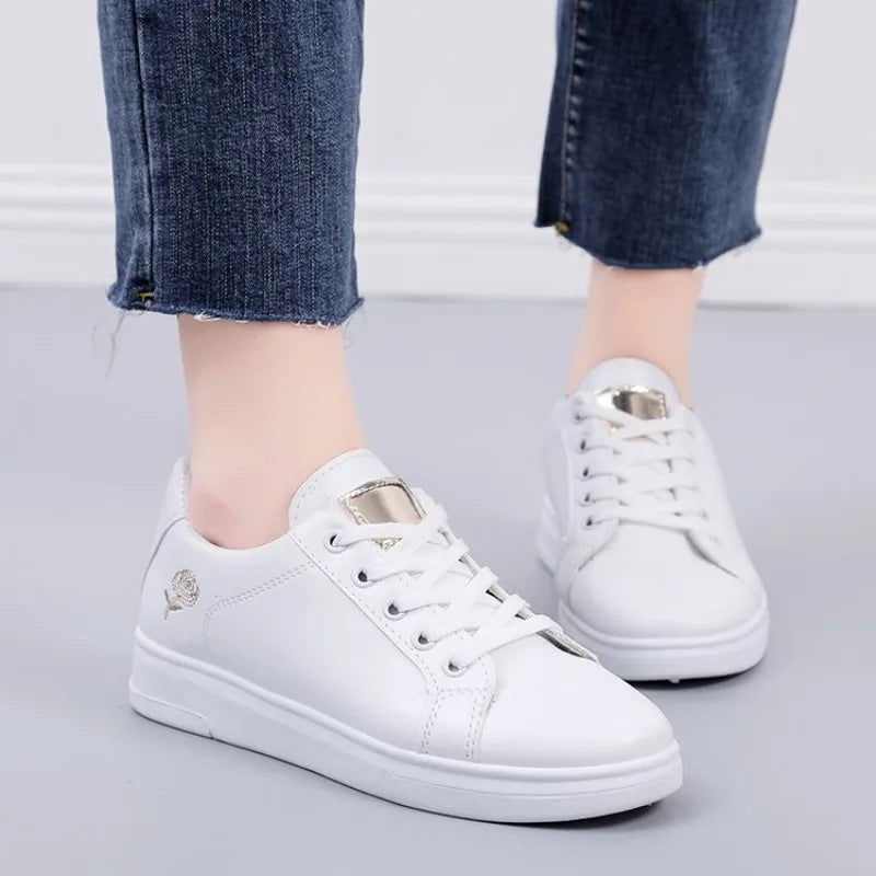 Little White Shoes for Women 2023 Autumn Rose Embroidery Thick Soled Leather Casual Student Board Shoes - Slobuy