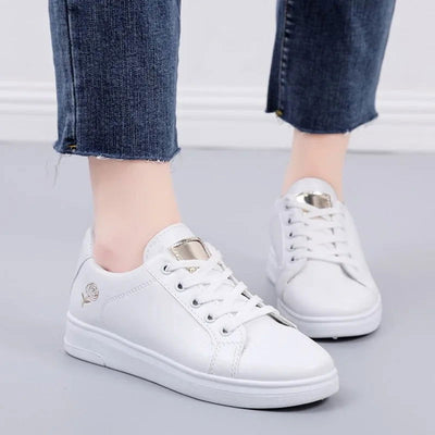 Little White Shoes for Women 2023 Autumn Rose Embroidery Thick Soled Leather Casual Student Board Shoes - Slobuy