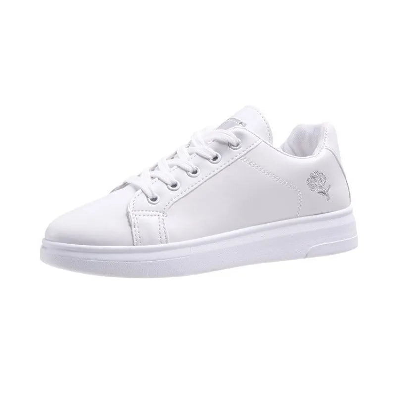 Little White Shoes for Women 2023 Autumn Rose Embroidery Thick Soled Leather Casual Student Board Shoes - Slobuy