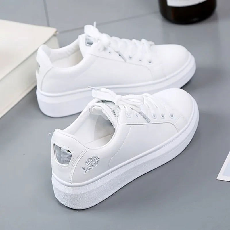 Little White Shoes for Women 2023 Autumn Rose Embroidery Thick Soled Leather Casual Student Board Shoes - Slobuy