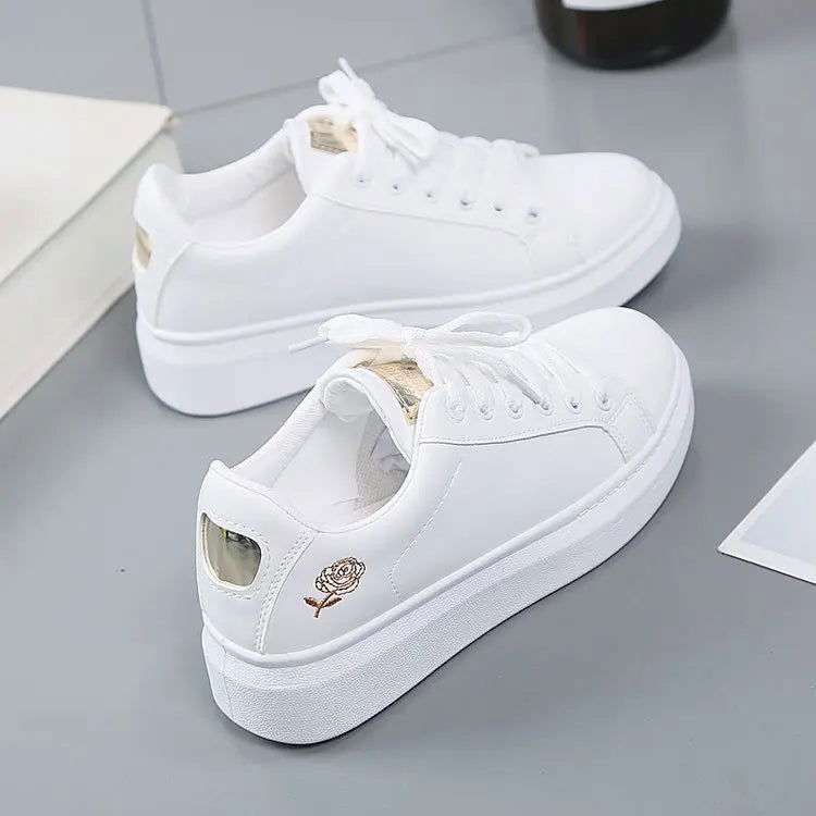Little White Shoes for Women 2023 Autumn Rose Embroidery Thick Soled Leather Casual Student Board Shoes - Slobuy