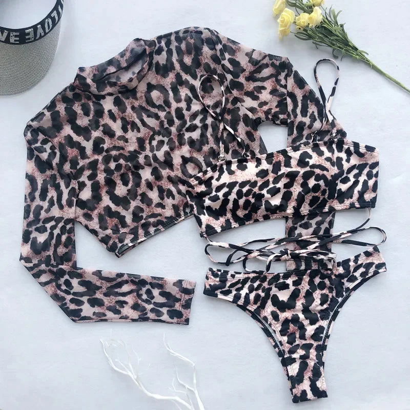 Long Sleeve 3 Piece Swimsuit High Cut Leopard Cover Up Push Up Bikini Separate Sports Bandage Bathing Suit Thong Swimwear 2022 - Slobuy
