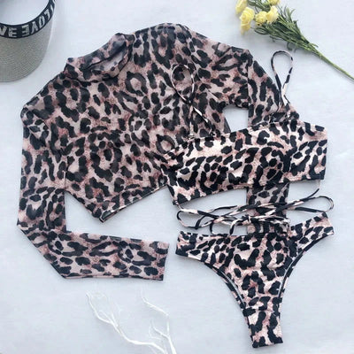 Long Sleeve 3 Piece Swimsuit High Cut Leopard Cover Up Push Up Bikini Separate Sports Bandage Bathing Suit Thong Swimwear 2022 - Slobuy