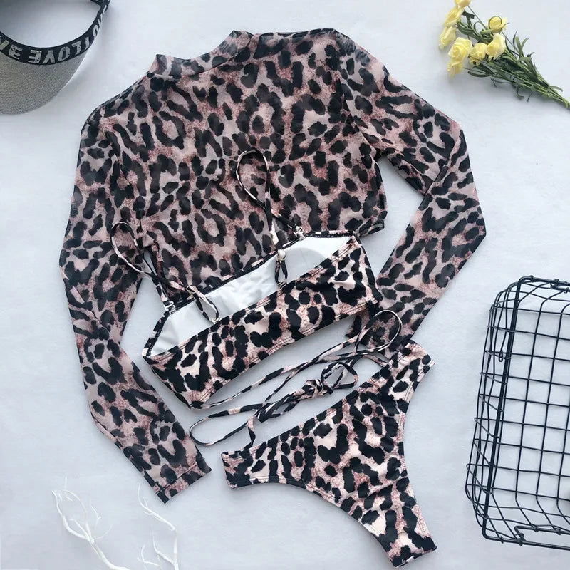 Long Sleeve 3 Piece Swimsuit High Cut Leopard Cover Up Push Up Bikini Separate Sports Bandage Bathing Suit Thong Swimwear 2022 - Slobuy