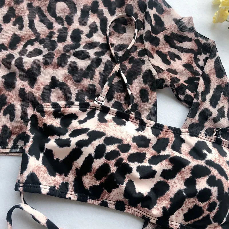 Long Sleeve 3 Piece Swimsuit High Cut Leopard Cover Up Push Up Bikini Separate Sports Bandage Bathing Suit Thong Swimwear 2022 - Slobuy