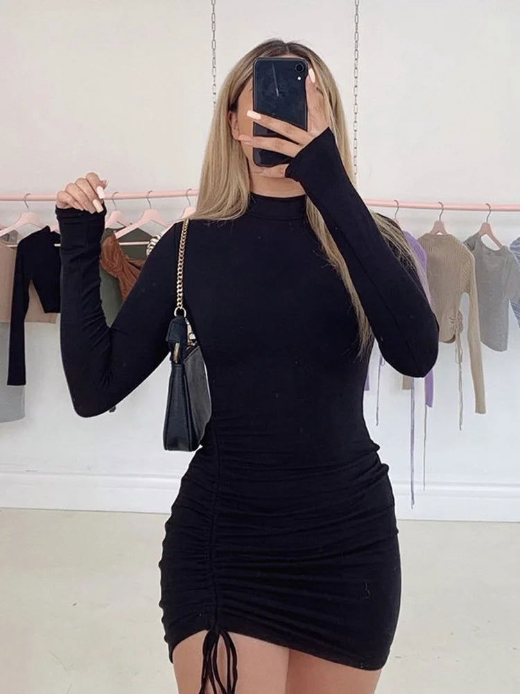 Long Sleeve Ruched Bodycon Dress Women Turtleneck Bandage Mini Dresses Autumn Black Skinny Stretchy Party Vestidos - Slobuy