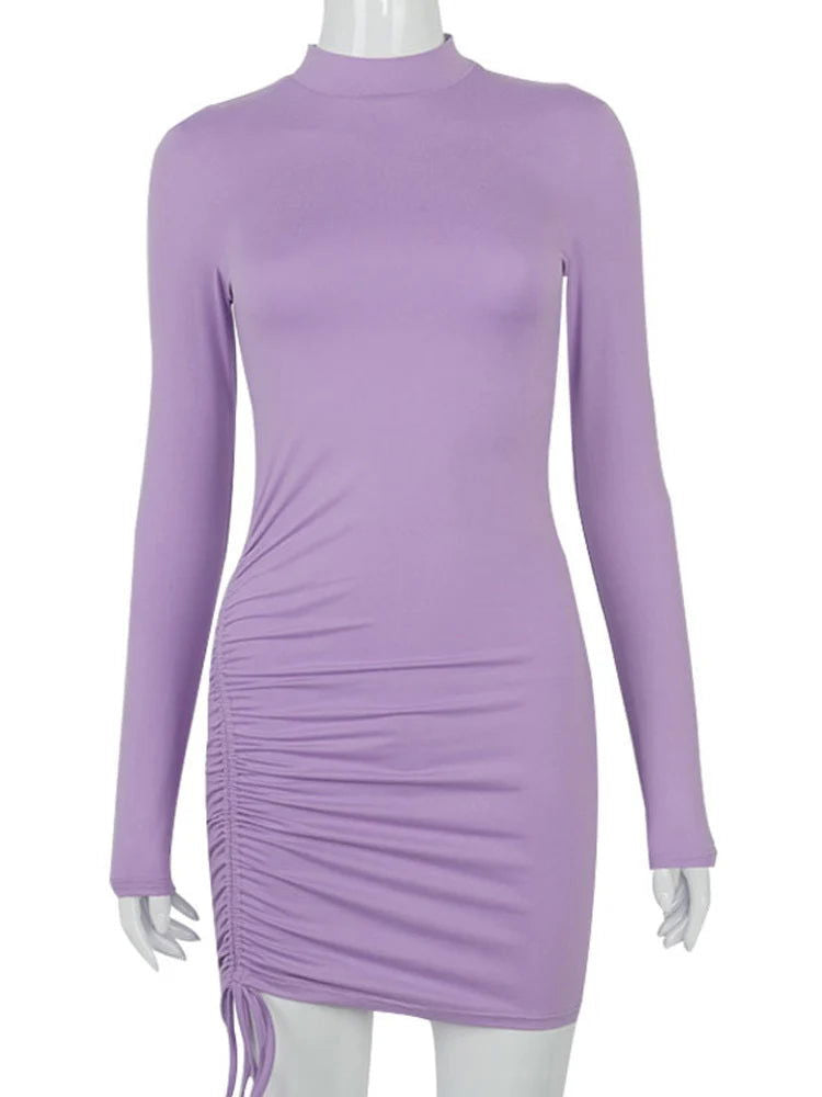 Long Sleeve Ruched Bodycon Dress Women Turtleneck Bandage Mini Dresses Autumn Black Skinny Stretchy Party Vestidos - Slobuy