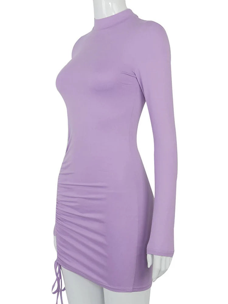 Long Sleeve Ruched Bodycon Dress Women Turtleneck Bandage Mini Dresses Autumn Black Skinny Stretchy Party Vestidos - Slobuy