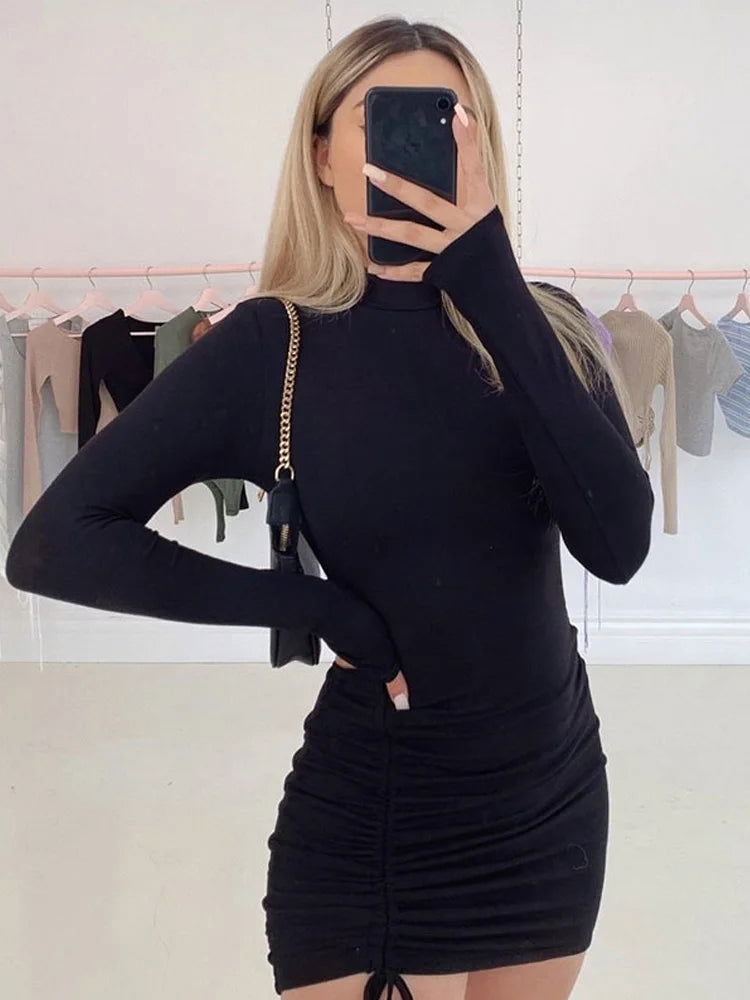 Long Sleeve Ruched Bodycon Dress Women Turtleneck Bandage Mini Dresses Autumn Black Skinny Stretchy Party Vestidos - Slobuy