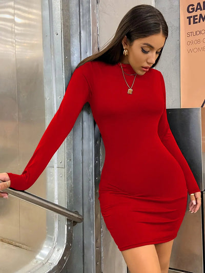 Long Sleeve Slim Bodycon Mini Dress Women Turtleneck Pleated Party Ruched Short Evening Club Outfit Soild Color - Slobuy