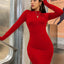 Long Sleeve Slim Bodycon Mini Dress Women Turtleneck Pleated Party Ruched Short Evening Club Outfit Soild Color - Slobuy