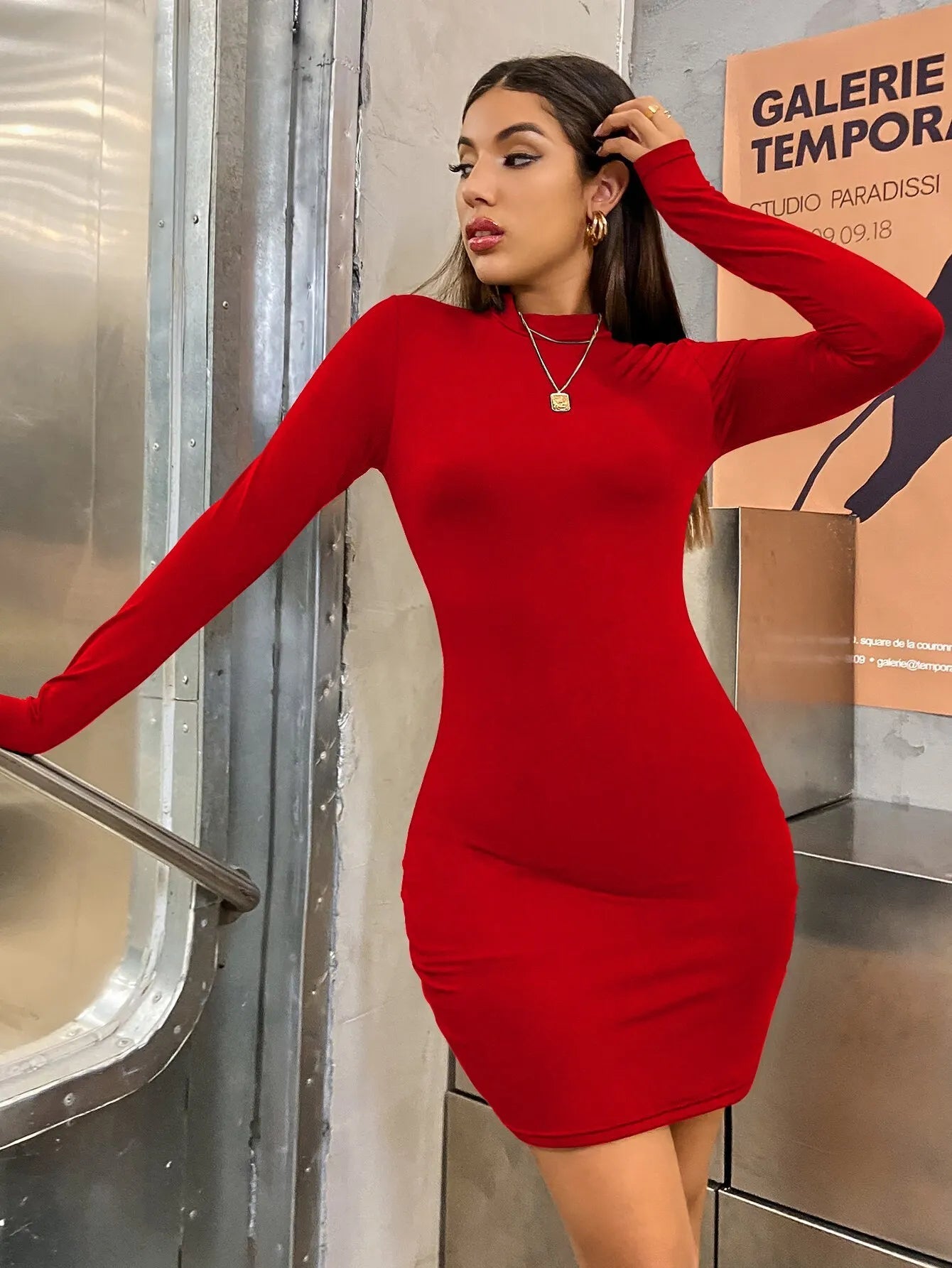 Long Sleeve Slim Bodycon Mini Dress Women Turtleneck Pleated Party Ruched Short Evening Club Outfit Soild Color - Slobuy