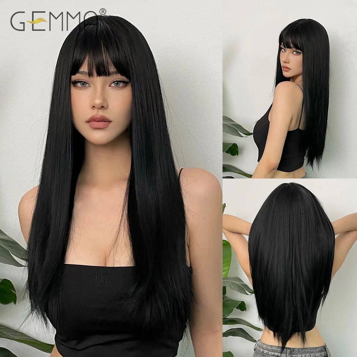 Long Straight Synthetic Wig Black Daily Use Wigs with Bangs for Women Heat Resistant Fibre Cosplay Lolita Party Natural Hair - Slobuy