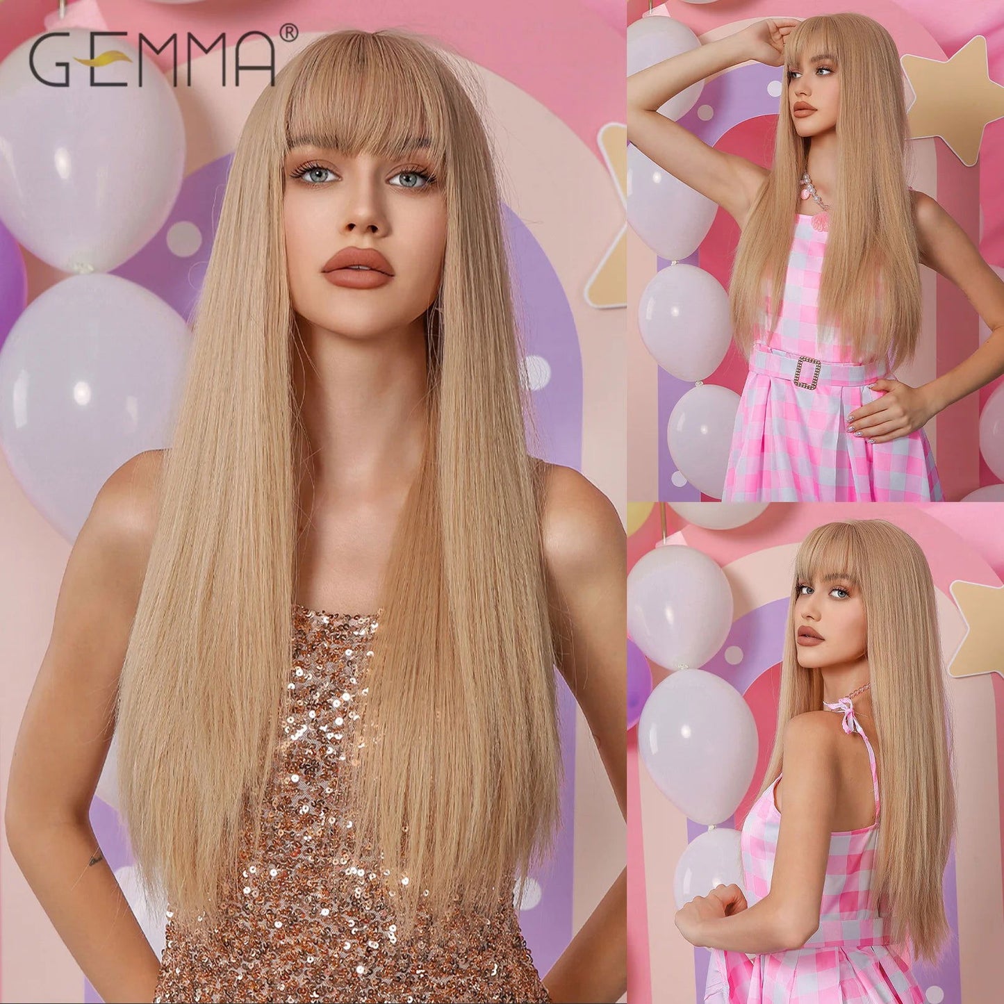 Long Straight Synthetic Wig Black Daily Use Wigs with Bangs for Women Heat Resistant Fibre Cosplay Lolita Party Natural Hair - Slobuy
