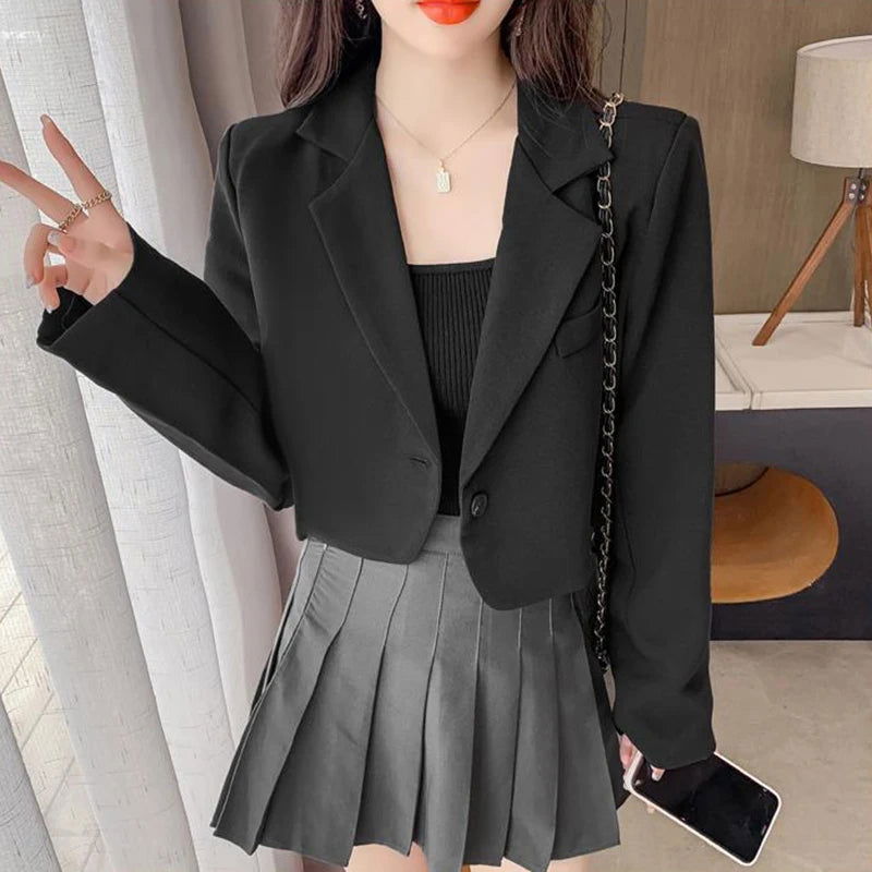 Lucyever Korean Cropped Blazers Women Solid Color Simple Single-button Outwear Teens All-match Long Sleeve Office Suit Jacket - Slobuy