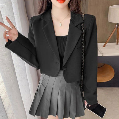 Lucyever Korean Cropped Blazers Women Solid Color Simple Single-button Outwear Teens All-match Long Sleeve Office Suit Jacket - Slobuy