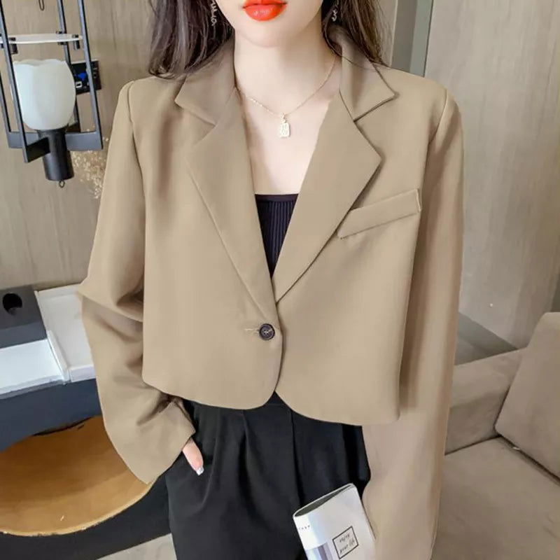 Lucyever Korean Cropped Blazers Women Solid Color Simple Single-button Outwear Teens All-match Long Sleeve Office Suit Jacket - Slobuy