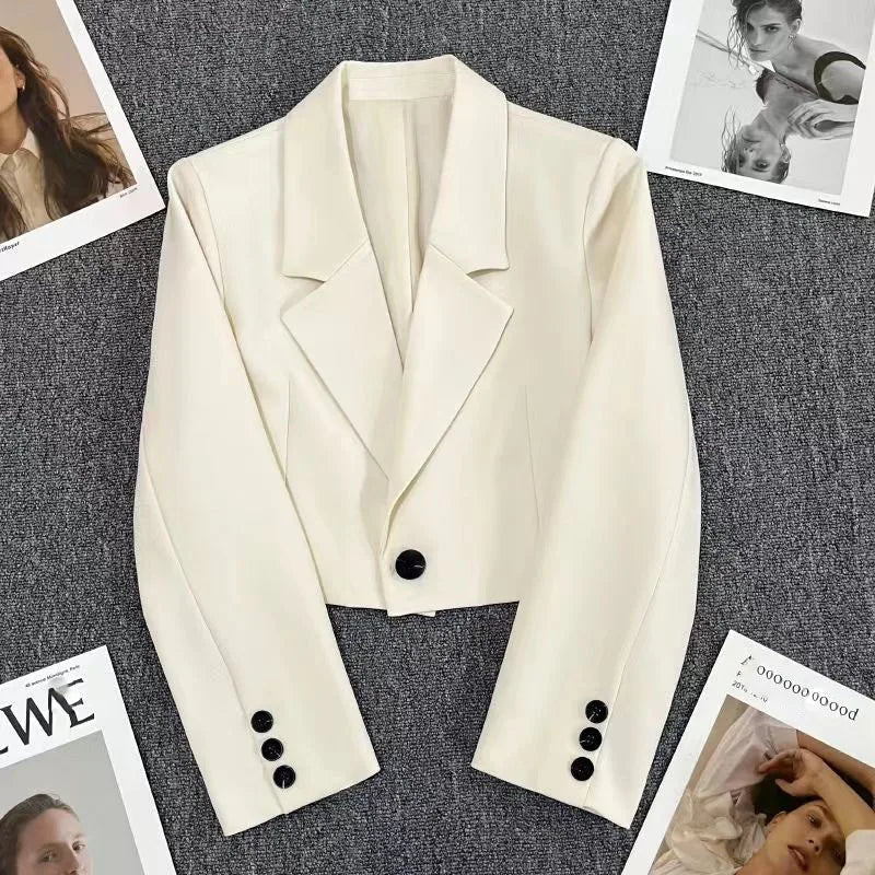 Lucyever Korean Cropped Blazers Women Solid Color Simple Single-button Outwear Teens All-match Long Sleeve Office Suit Jacket - Slobuy