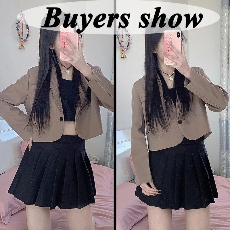 Lucyever Korean Cropped Blazers Women Solid Color Simple Single-button Outwear Teens All-match Long Sleeve Office Suit Jacket - Slobuy