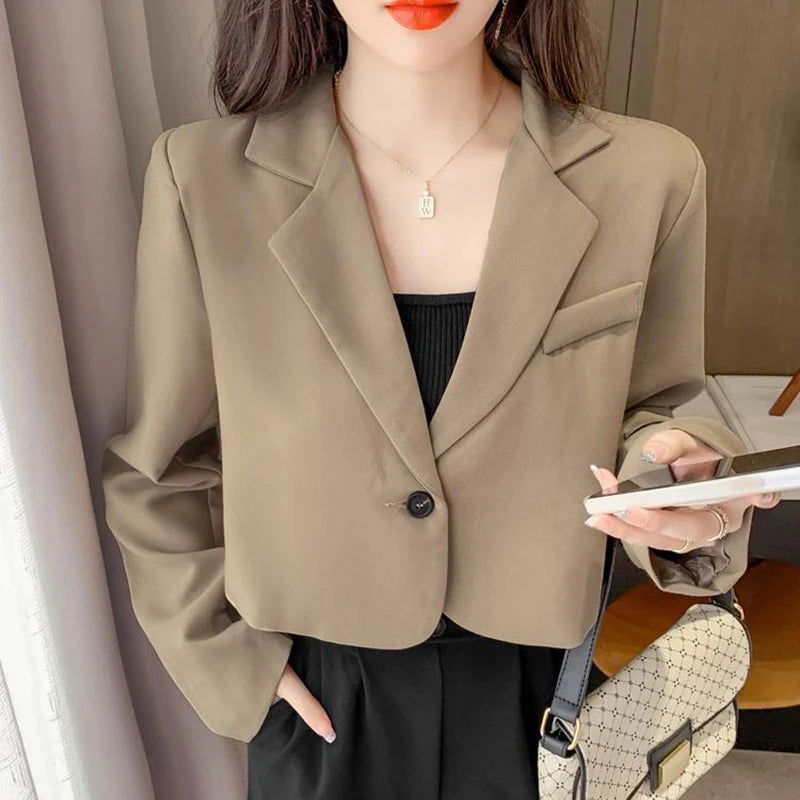 Lucyever Korean Cropped Blazers Women Solid Color Simple Single-button Outwear Teens All-match Long Sleeve Office Suit Jacket - Slobuy