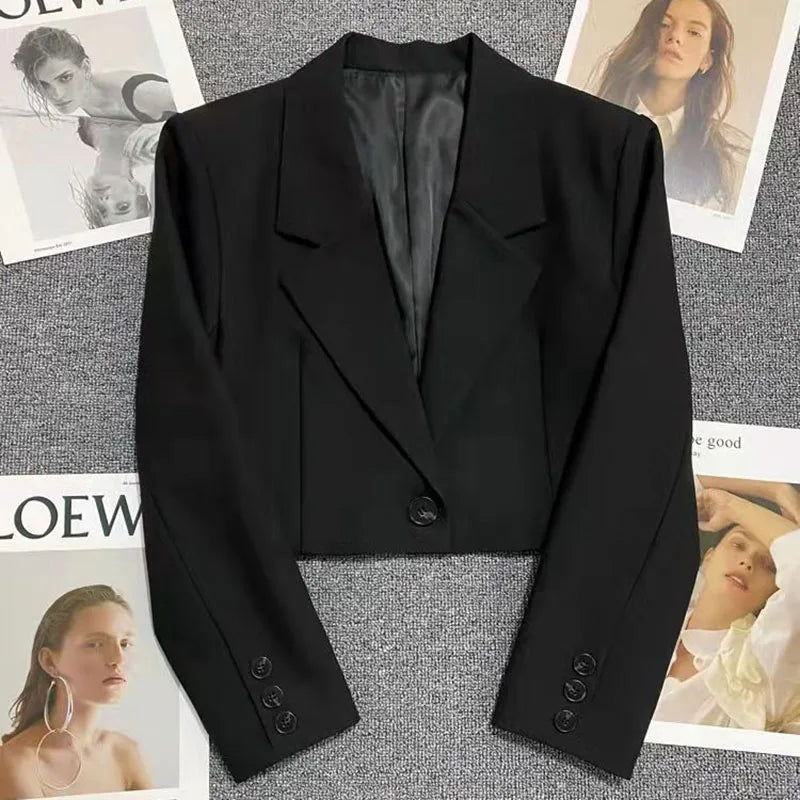 Lucyever Korean Cropped Blazers Women Solid Color Simple Single-button Outwear Teens All-match Long Sleeve Office Suit Jacket - Slobuy