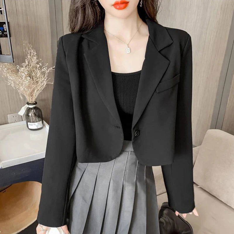 Lucyever Korean Cropped Blazers Women Solid Color Simple Single-button Outwear Teens All-match Long Sleeve Office Suit Jacket - Slobuy