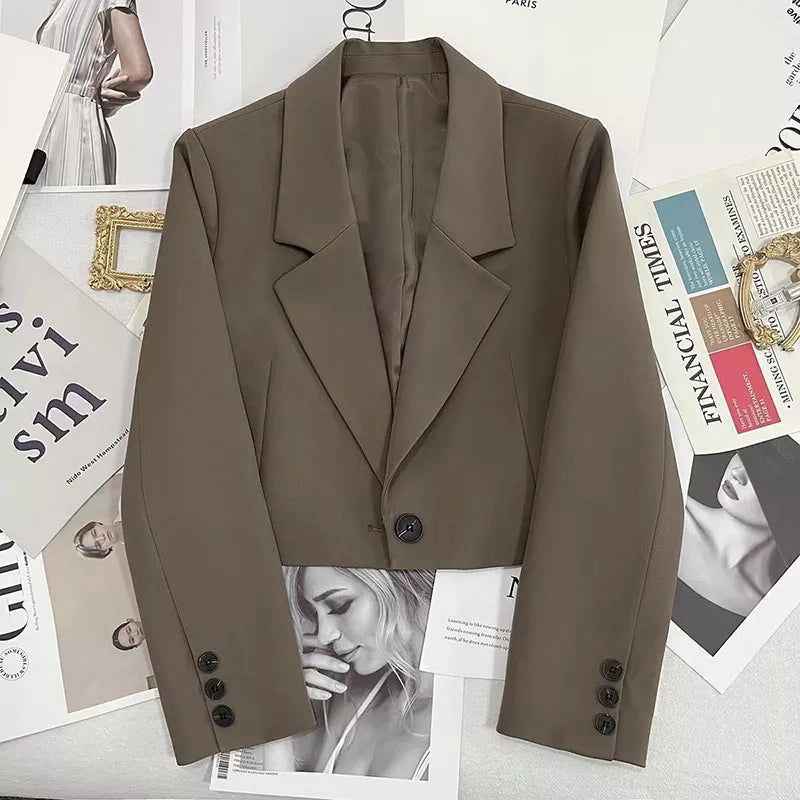Lucyever Korean Cropped Blazers Women Solid Color Simple Single-button Outwear Teens All-match Long Sleeve Office Suit Jacket - Slobuy