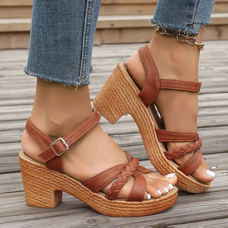 Lucyever Lightweight High Heeled Sandals for Women 2024 Summer Ankle Buckle Female Gladiator Sandal Woven Platform Sandles Woman - Slobuy