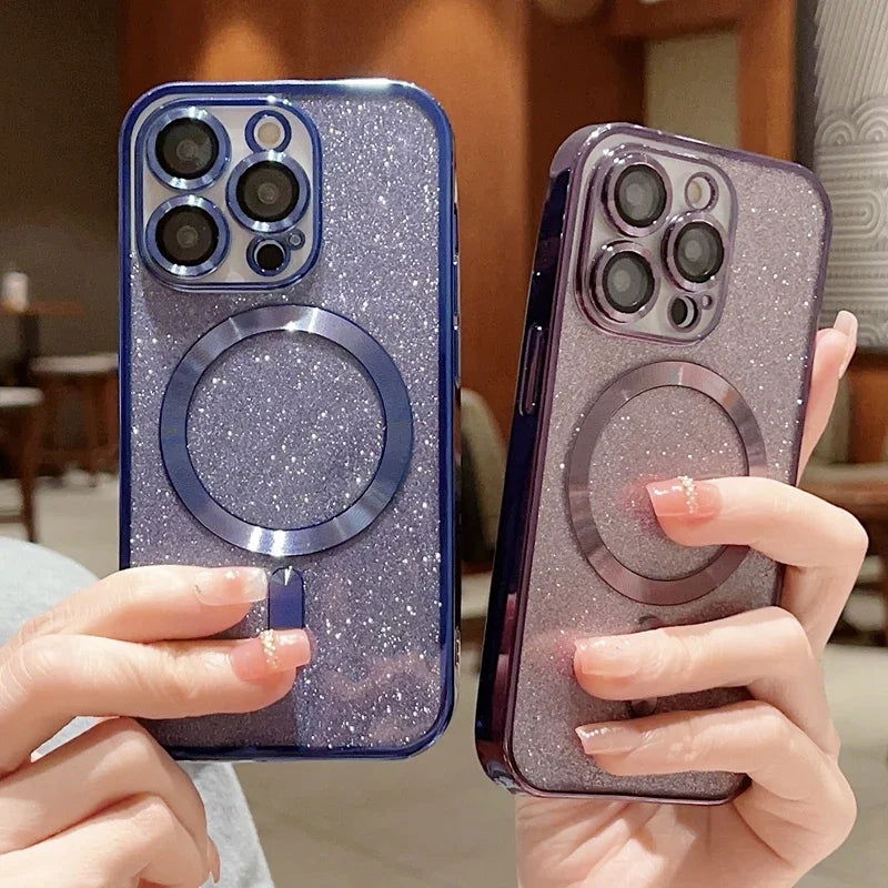 Luxury Electroplate Magsafe Wireless Charge Phone Case For iPhone 14 13 12 11 Pro Max Plus Soft Bumper Glitter Cover - Slobuy