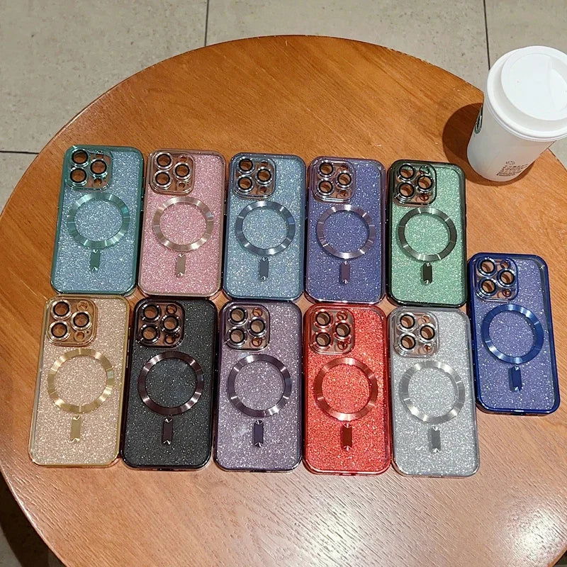 Luxury Electroplate Magsafe Wireless Charge Phone Case For iPhone 14 13 12 11 Pro Max Plus Soft Bumper Glitter Cover - Slobuy