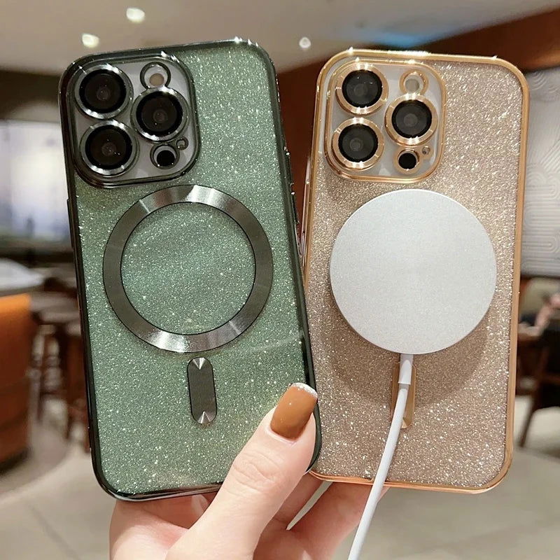 Luxury Electroplate Magsafe Wireless Charge Phone Case For iPhone 14 13 12 11 Pro Max Plus Soft Bumper Glitter Cover - Slobuy